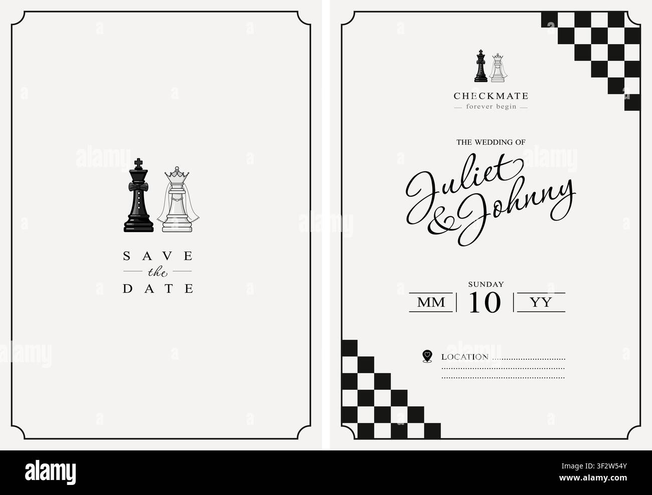 Set di modelli di biglietti d'invito di matrimonio a tema scacchi con design save the date, con pezzi degli scacchi re nero e regina bianca, bordo a scacchi Illustrazione Vettoriale