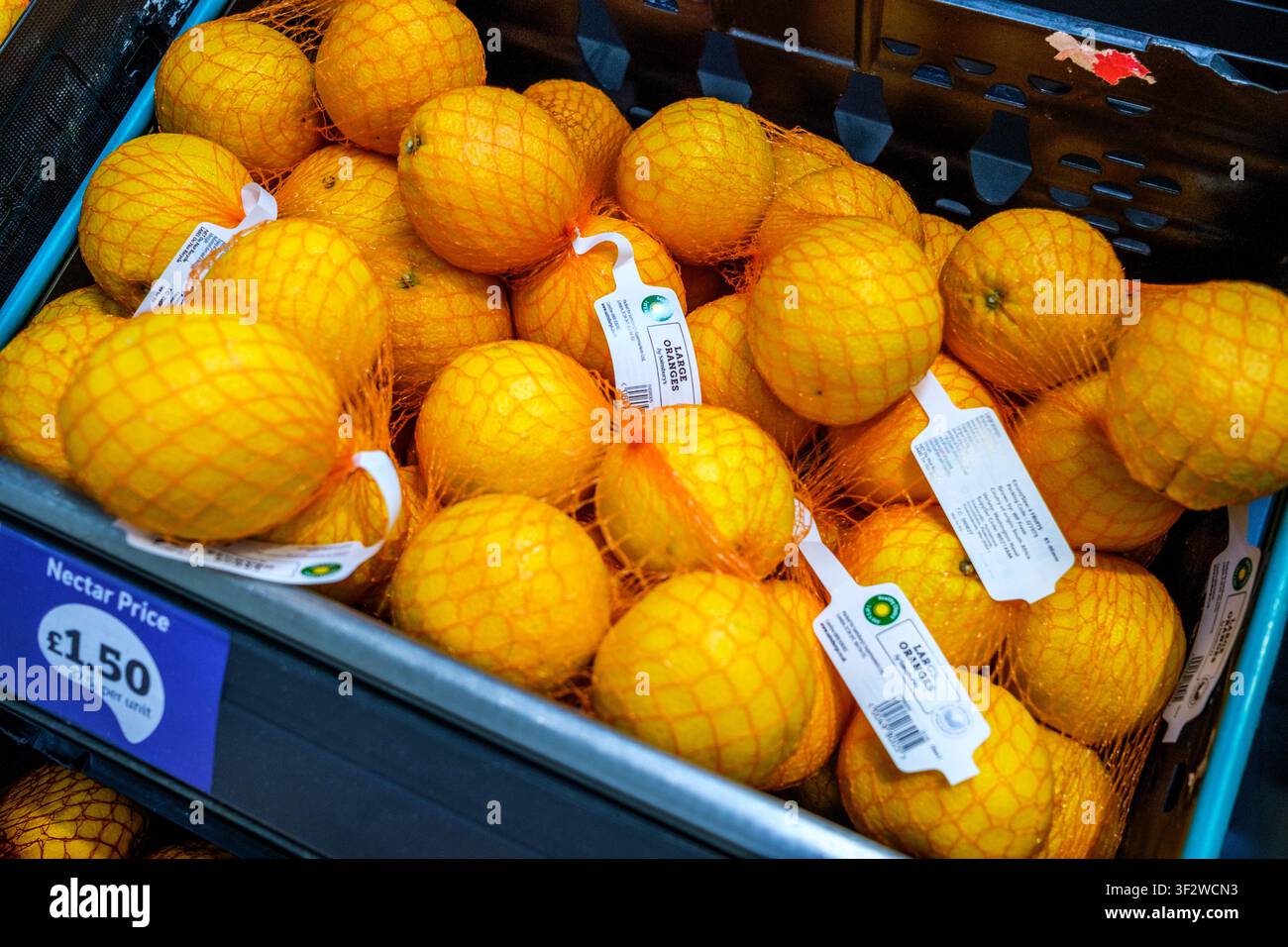 Leatherhead Surrey UK, 20 luglio 2026, Un primo piano di un espositore di supermercato con arance fresche e grandi in sacchetti a rete con il prezzo del nettare visualizzato Foto Stock