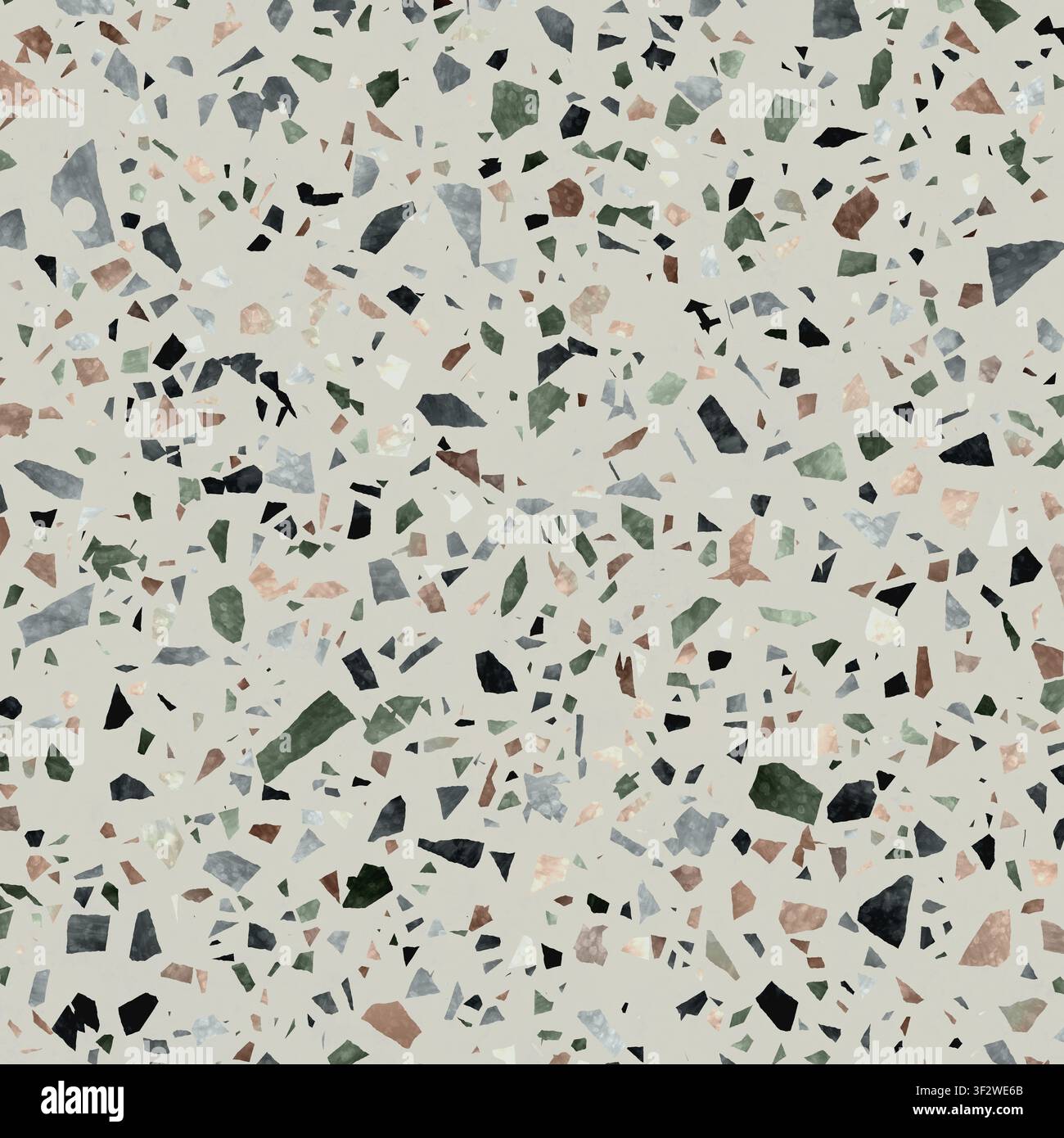 Una vista ravvicinata di una superficie in terrazzo moderna con schegge di pietra verde scuro, nera e marrone inserite in una base grigio chiaro. Foto Stock