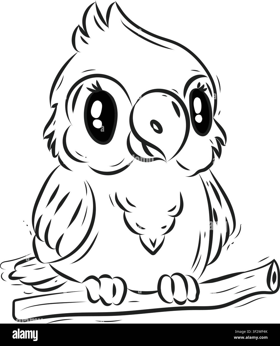 Illustrazione vettoriale di un simpatico pappagallo dei cartoni animati in una foresta, disegno a linee, pagina da colorare con pappagallo, design in formato Eps, disegno lineare di pappagallo dei cartoni animati Illustrazione Vettoriale