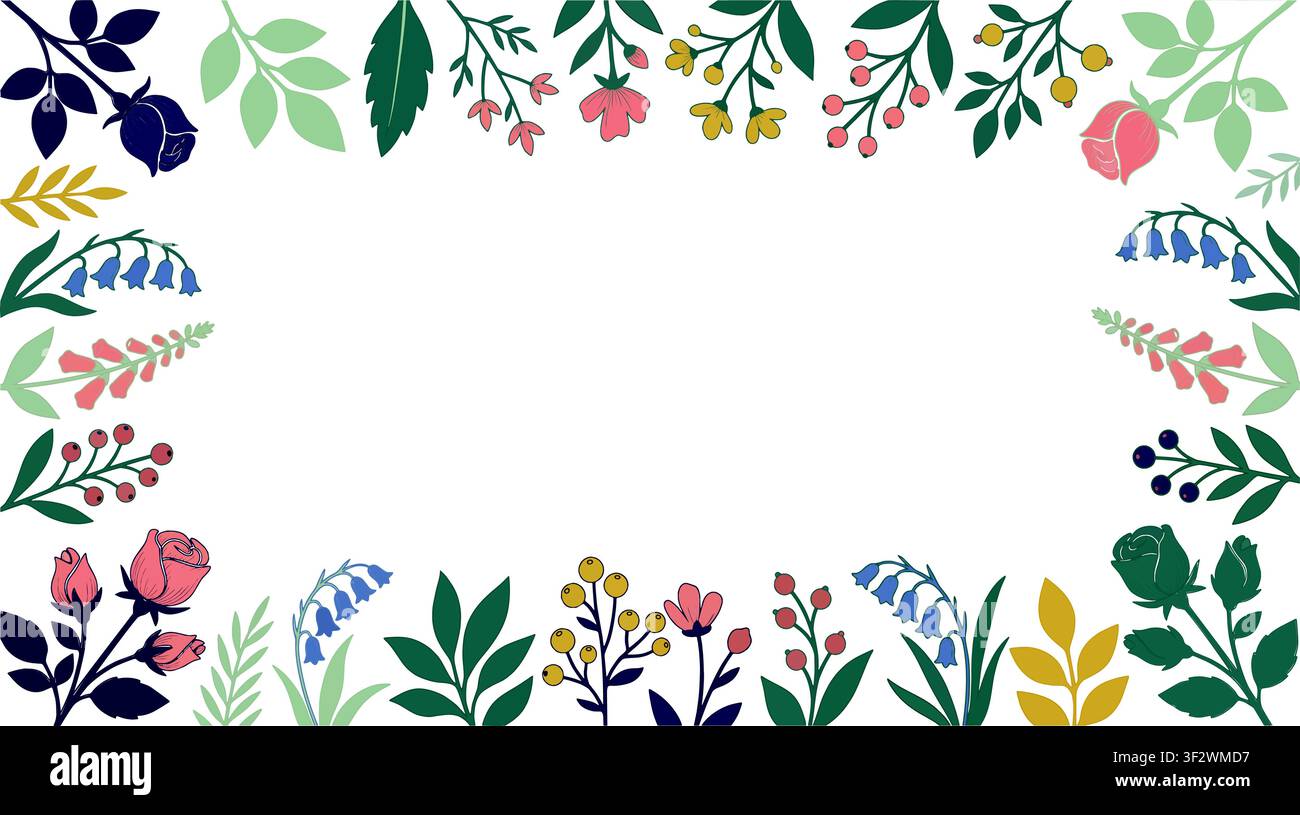 Cornice rettangolare botanica con rose e bacche, illustrazione vettoriale piatta per inviti di matrimonio, disegno di bordo floreale con verde salvia spento e Illustrazione Vettoriale