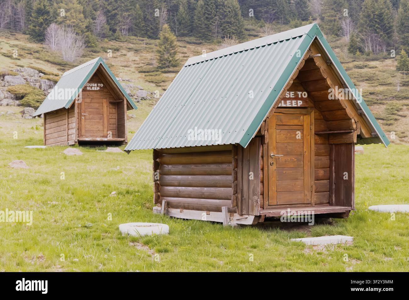 22 maggio 2026, Biogradska Gora, Montenegro: Semplici cabine di legno situate in un campo verde, che offrono alloggi di base ai viaggiatori in mezzo a una foresta su Foto Stock