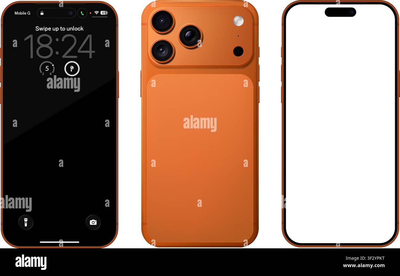Mockup dettagliato di telefono cellulare arancione. Vista frontale e posteriore isolata su sfondo trasparente. PNG vettoriale Illustrazione Vettoriale