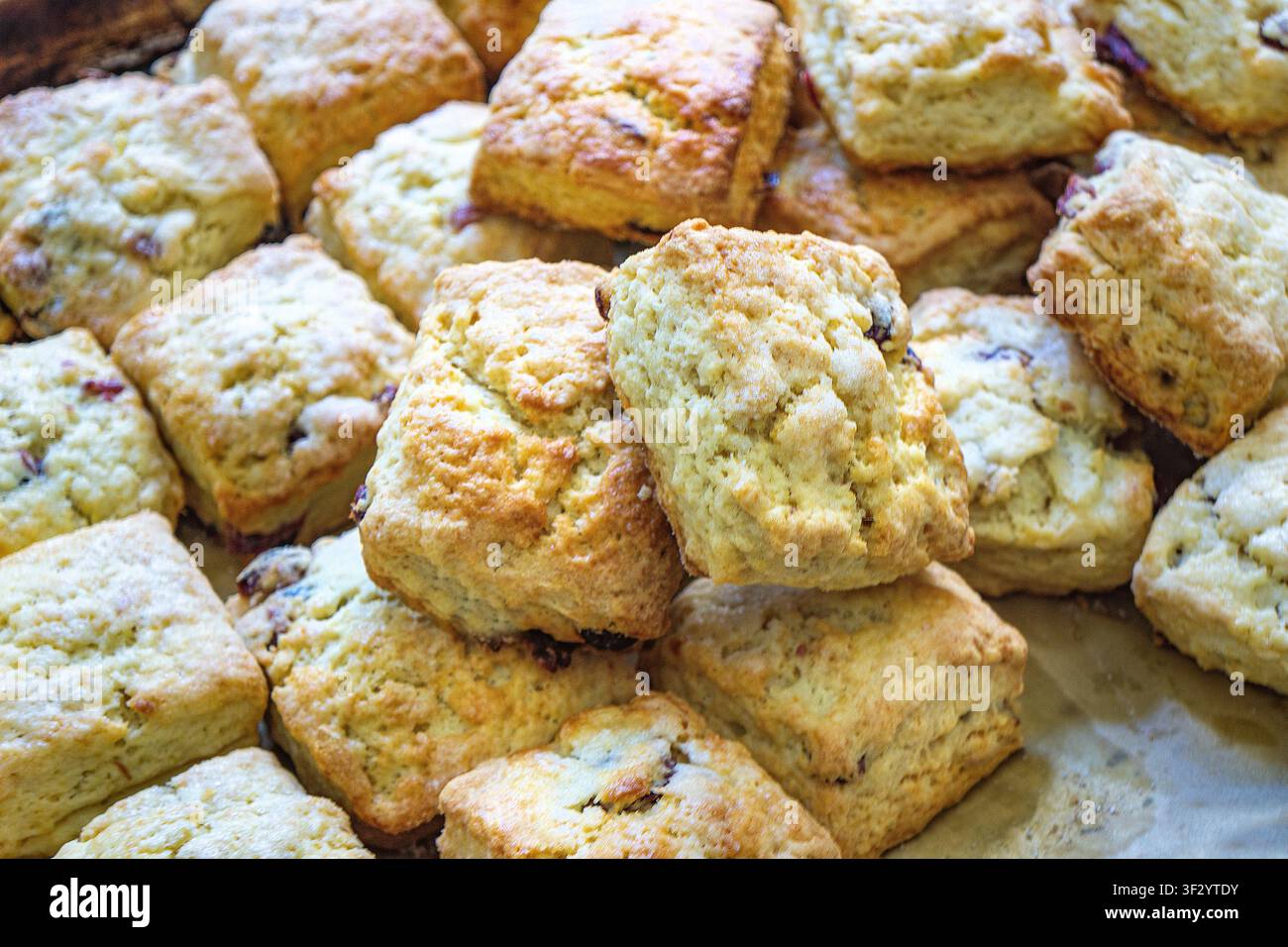 Prima vista di una teglia da forno ripiena di scones ai mirtilli Foto Stock