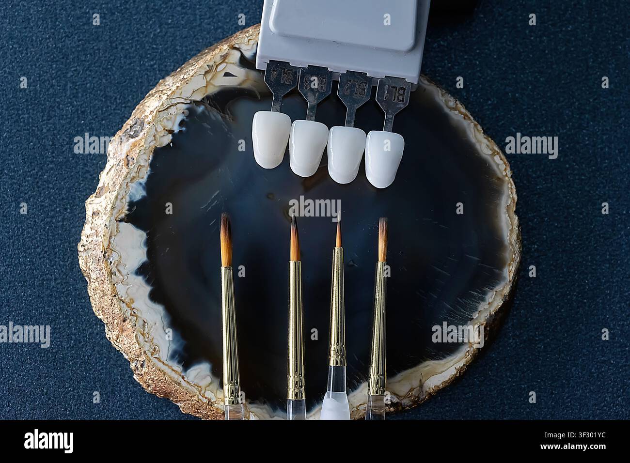 Guida delle tonalità dentali e pennelli in ceramica per il matching del colore nella odontoiatria cosmetica Foto Stock