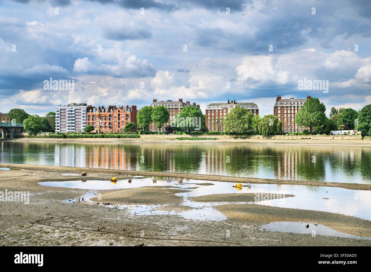 Edifici sul fiume Hurlingham Court e blocchi di ville Rivermead Court su Ranelagh Gardens, Fulham. Il Tamigi visto da Wandsworth Park, Londra UK Foto Stock
