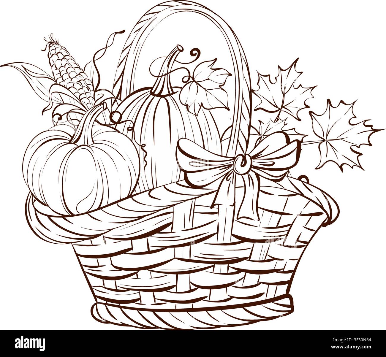 Disposizione vettoriale di cesti in bianco e nero, disegno a linee fini, composizione di raccolto con zucche, mais e fogliame autunnale per imballaggi agricoli e artigianato artistico Illustrazione Vettoriale