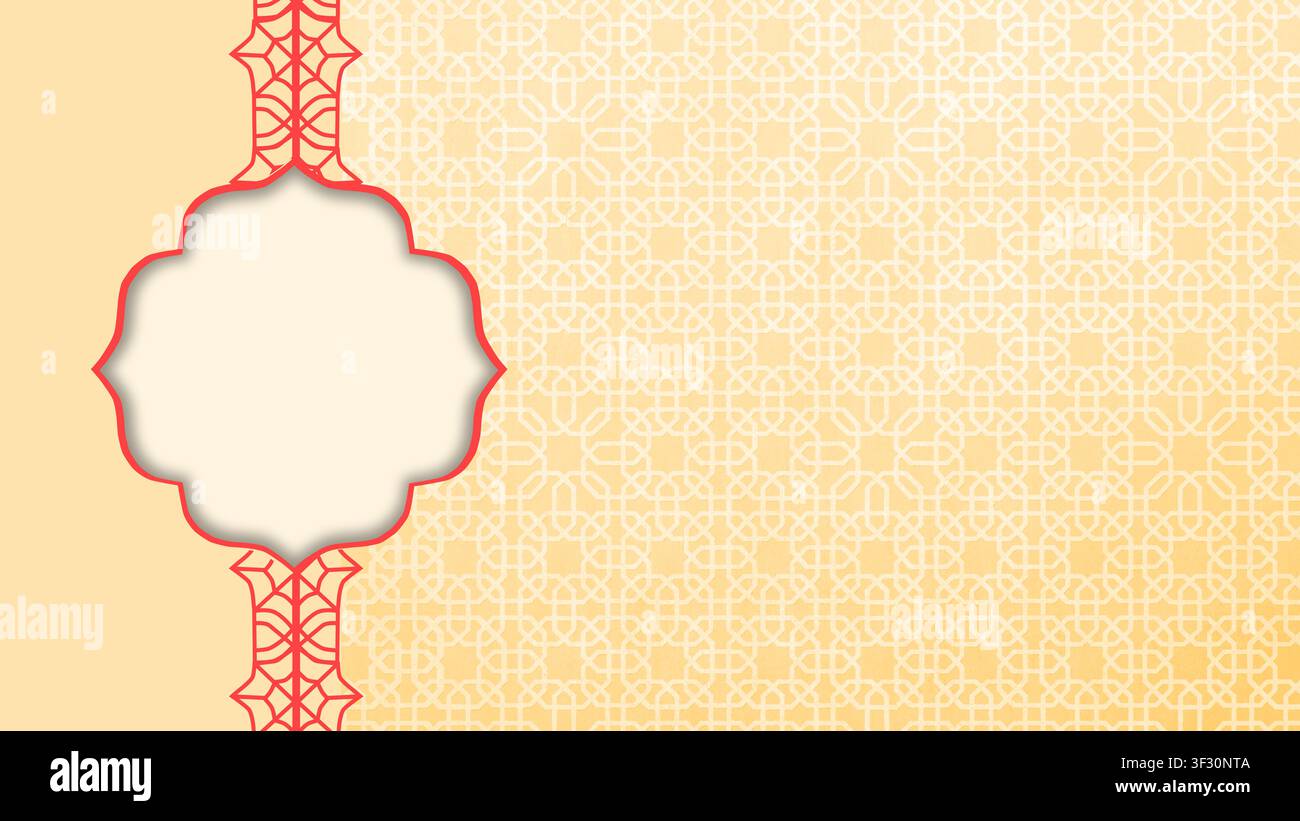 Sfondo dorato elegante con un motivo geometrico islamico tradizionale e una cornice ornamentale rossa decorativa con spazio per il testo. Perfetto per l'Eid f Foto Stock