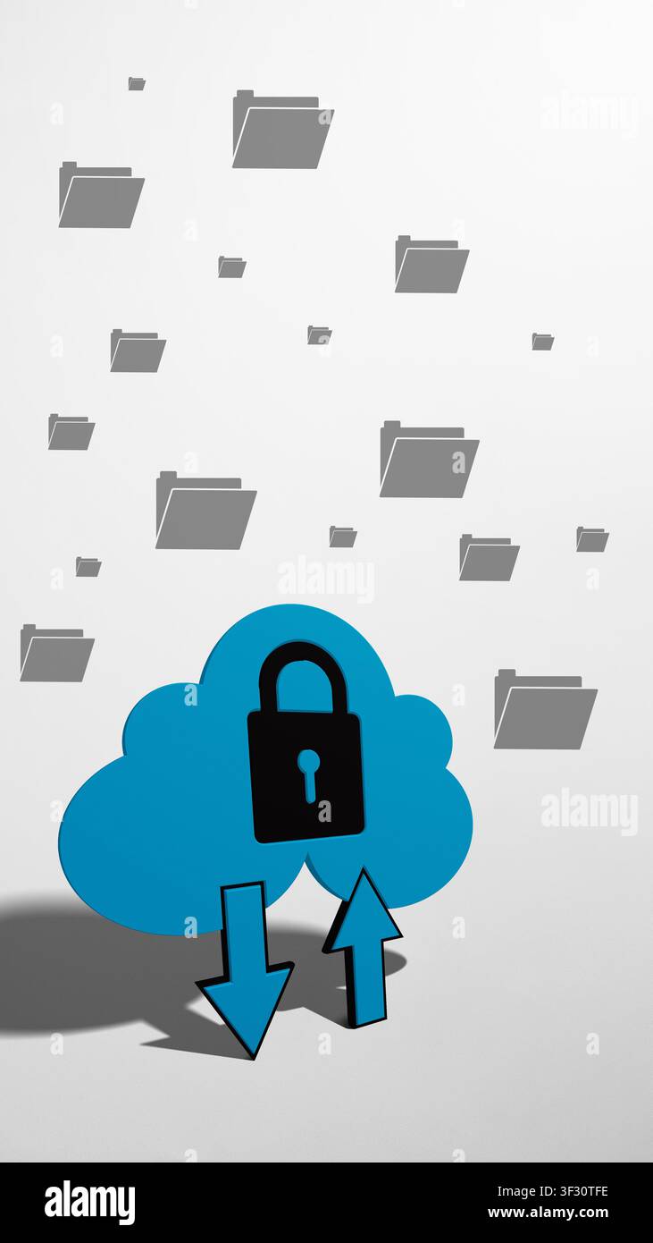 Archiviazione cloud sicura con una nuvola blu con un lucchetto nero, frecce di upload e download e cartelle grigie che fluttuano sullo sfondo. Ideale per d Foto Stock