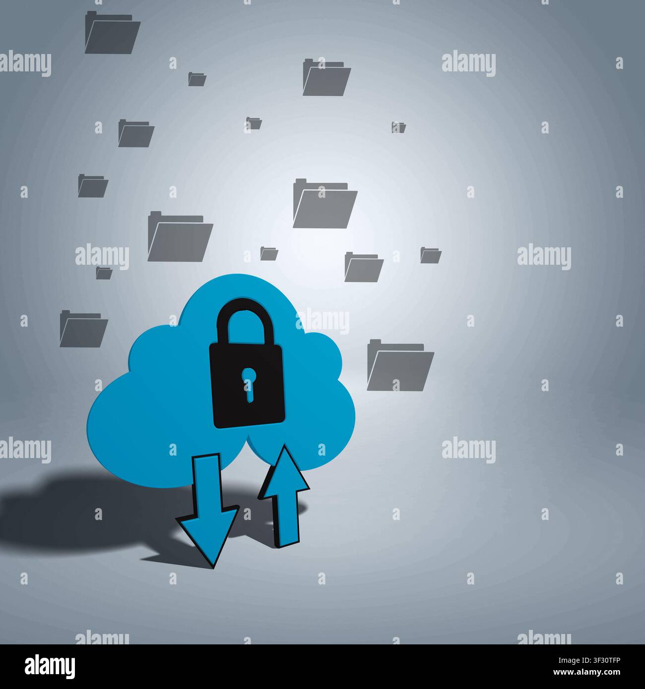 Nuvola blu con un lucchetto, con frecce di upload e download. Cartelle di file grigie fluttuano sullo sfondo, rappresentando lo storage sicuro dei dati, cloud co Foto Stock