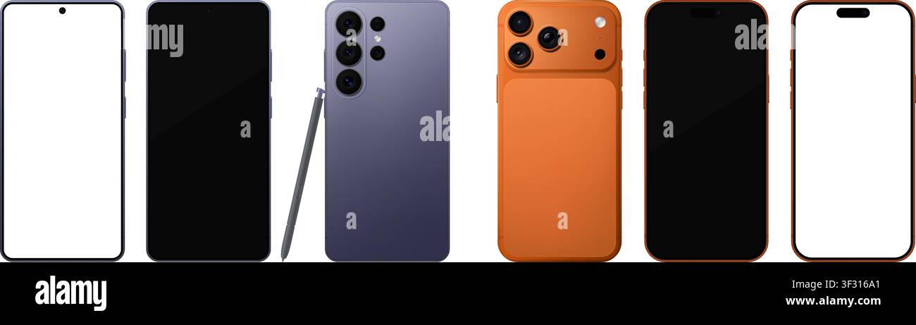 Pacchetto di mockup di telefono cellulare dettagliato viola e arancione con stilo. Vista frontale e posteriore isolata su sfondo trasparente. PNG vettoriale Illustrazione Vettoriale