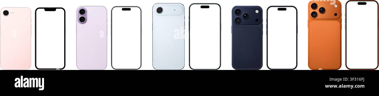 Pacchetto di mockup dettagliato per telefoni mobili rosa, viola, blu, arancione. Vista frontale e posteriore isolata su sfondo trasparente. PNG vettoriale Illustrazione Vettoriale