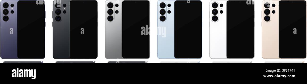 Telefoni mobili dettagliati con confezione di mockup di stilo. Vista frontale e posteriore isolata su sfondo trasparente. PNG vettoriale Illustrazione Vettoriale