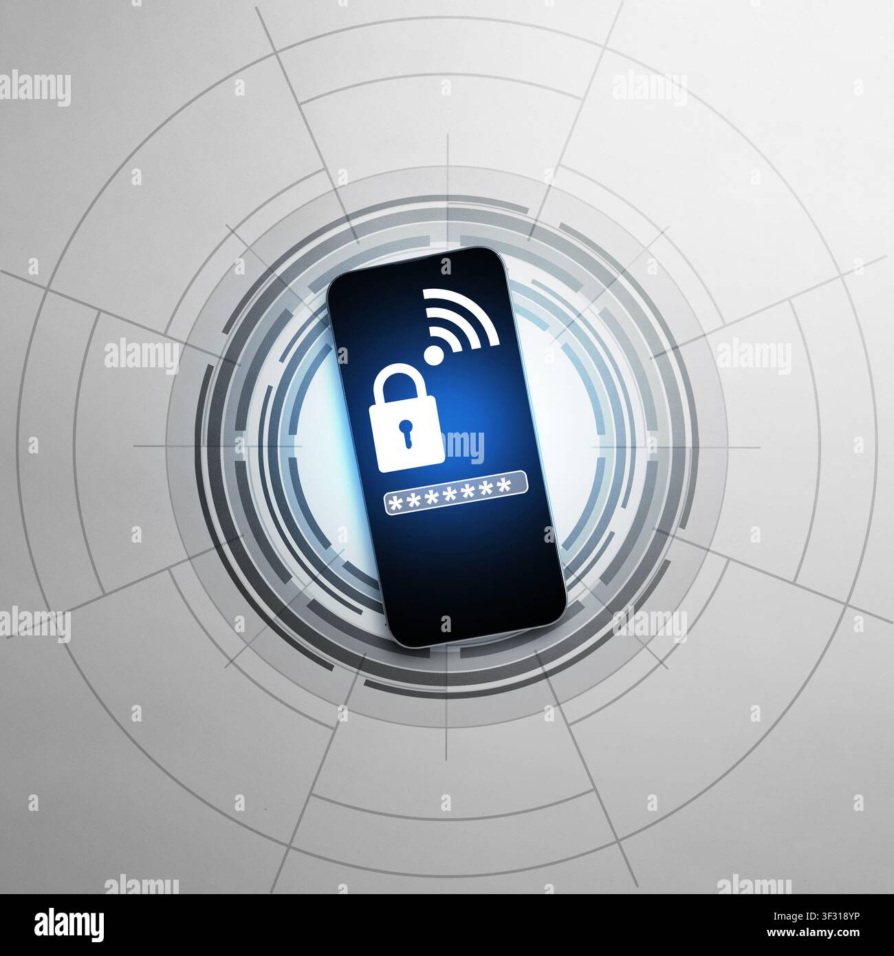 Smartphone con lucchetto di sicurezza, campo password e icona Wi-Fi sullo schermo, su uno sfondo digitale. Rappresenta la protezione dei dati mobili e cy Foto Stock