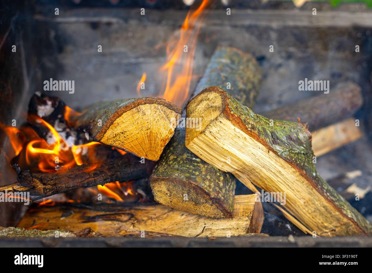 Bacchette di legna da ardere che bruciano in una piazzola per il fuoco all'aperto. Legna da ardere spaccata che brucia con fiamme arancioni e fumo che si disperde in una piazzola per il fuoco all'aperto. Foto Stock