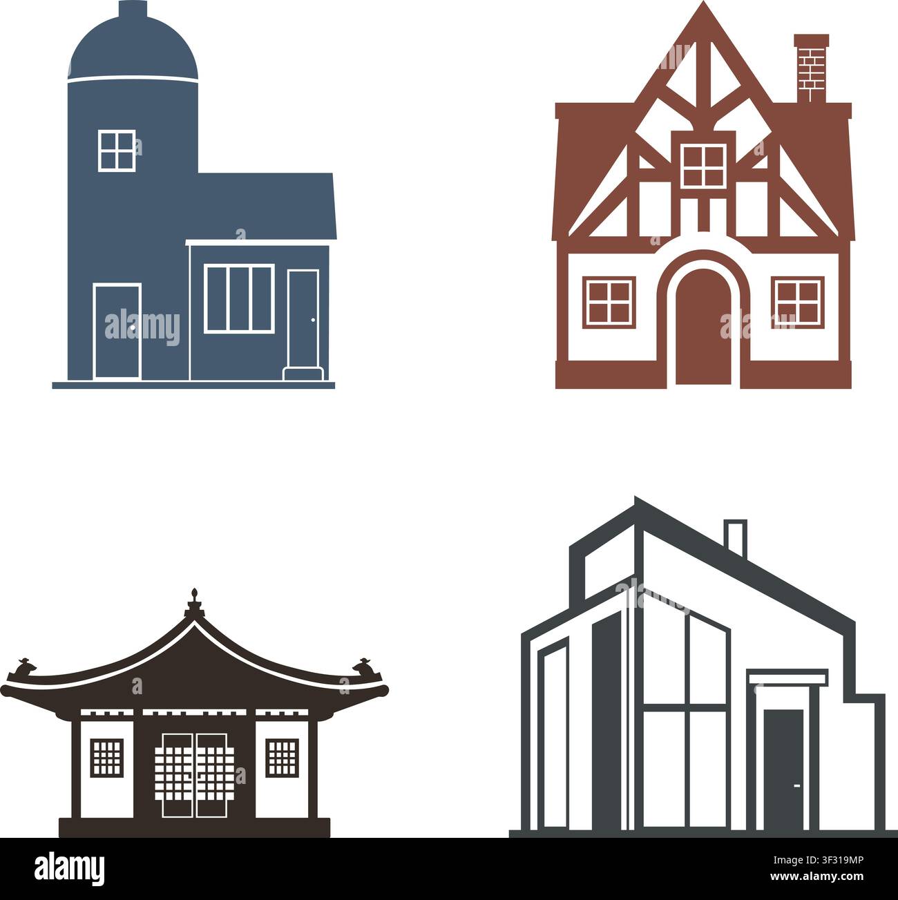 Un set di illustrazioni piatte con vari design di edifici residenziali e culturali. Illustrazione Vettoriale