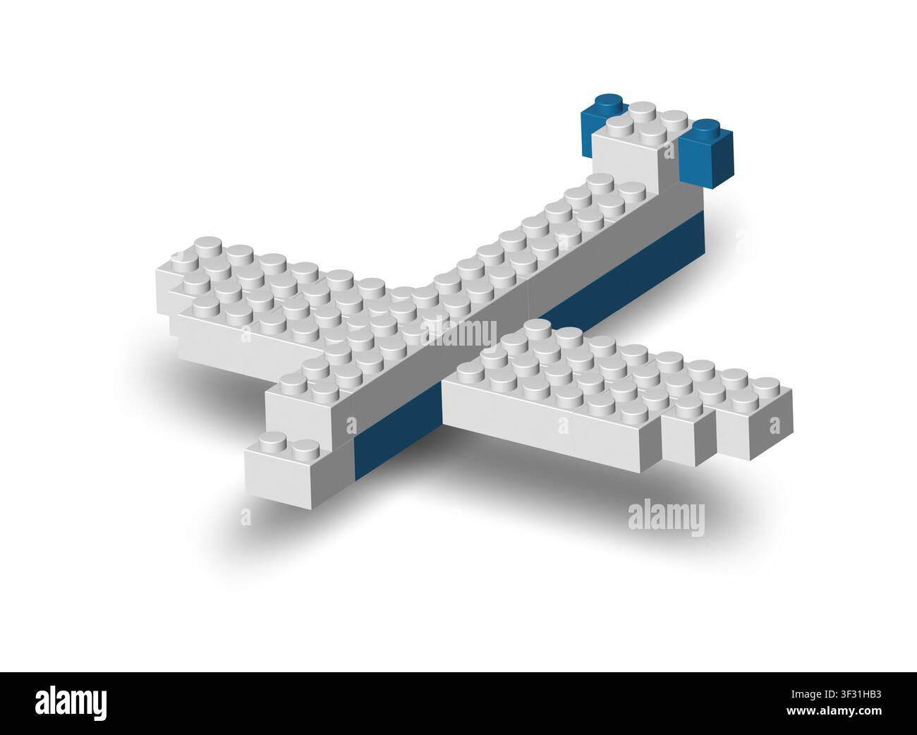 Aereo bianco e blu realizzato con pezzi realistici di plastica isolati su sfondo bianco. Concetto di viaggio in aereo. Illustrazione vettoriale renderizzata in 3D Foto Stock