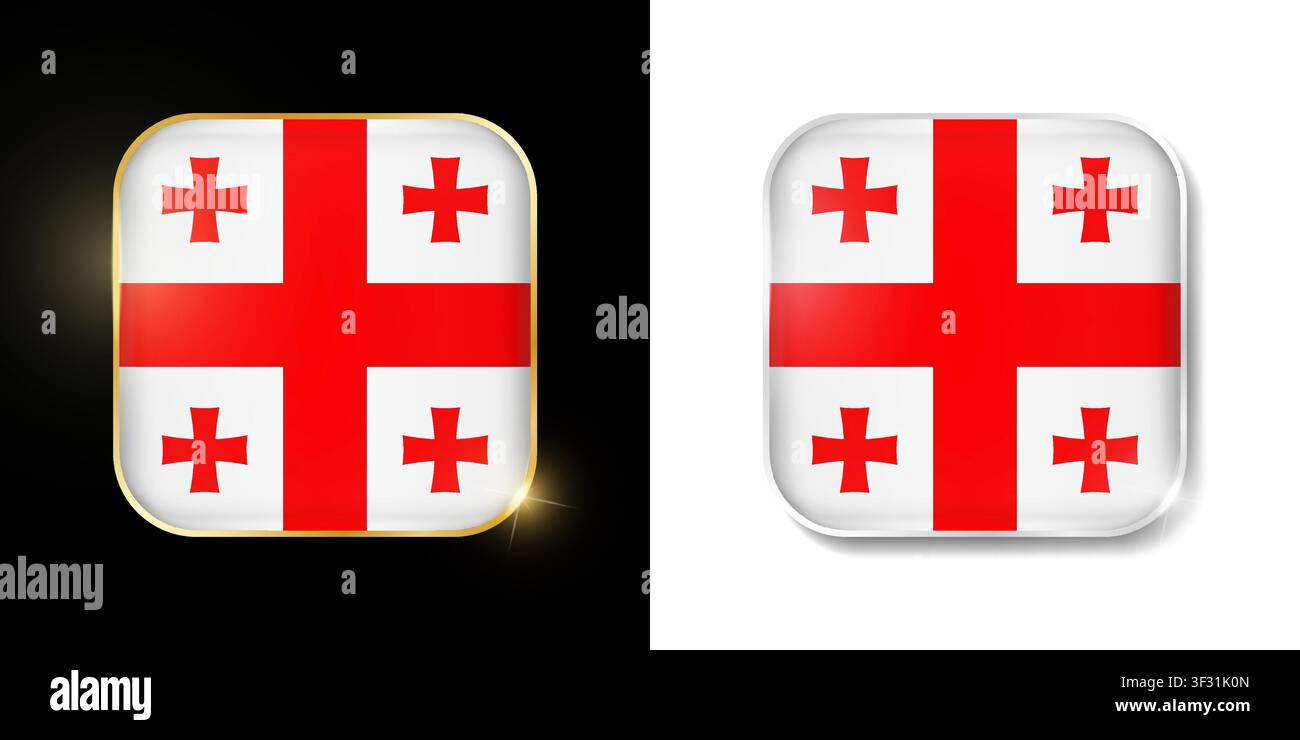 Bandiera della Georgia con icone dorate e argentate lucide isolate su bianco e nero. Pulsanti vettoriali 3D quadrati arrotondati illuminati con ombra. Utilizzo per scommesse, tornei Illustrazione Vettoriale
