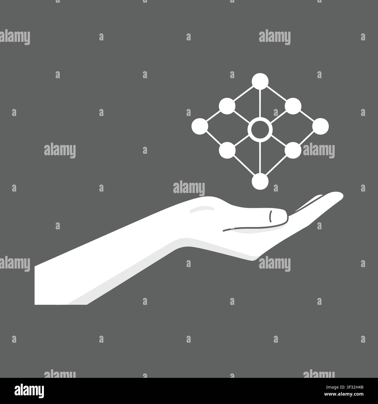 Una semplice illustrazione di una mano che tiene un'icona di struttura molecolare o atomica con nodi interconnessi. Illustrazione Vettoriale