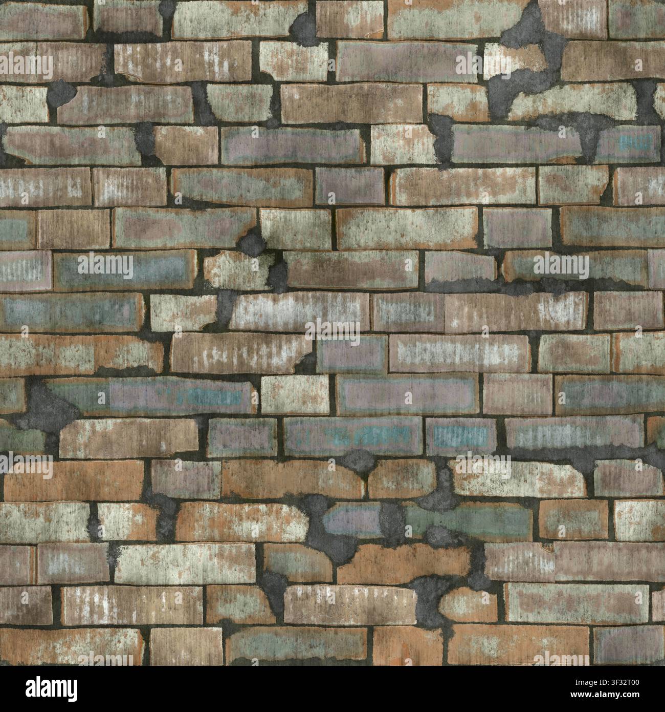 Una texture senza cuciture che presenta un muro di mattoni rustico e consumato con toni terrosi vari. Foto Stock