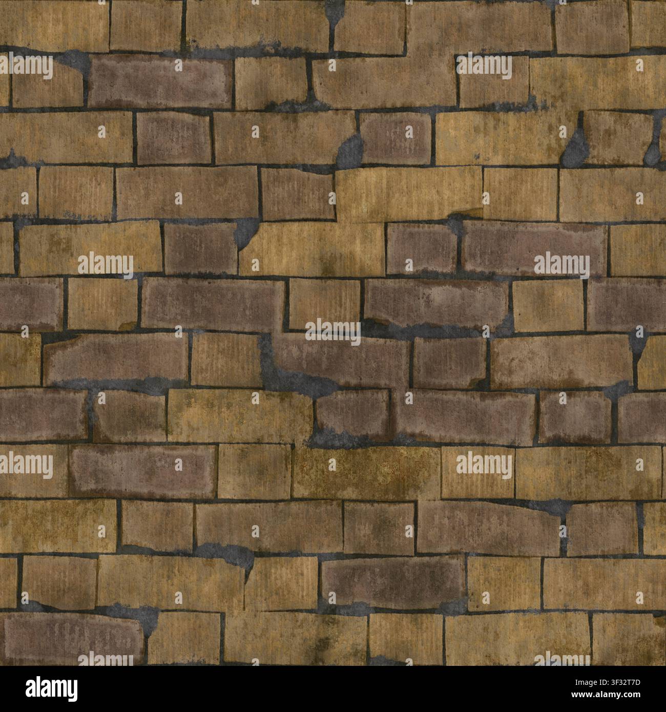 Una texture senza cuciture di un muro di mattoni dorato-marrone consumato con giunti di malta scuri. Foto Stock