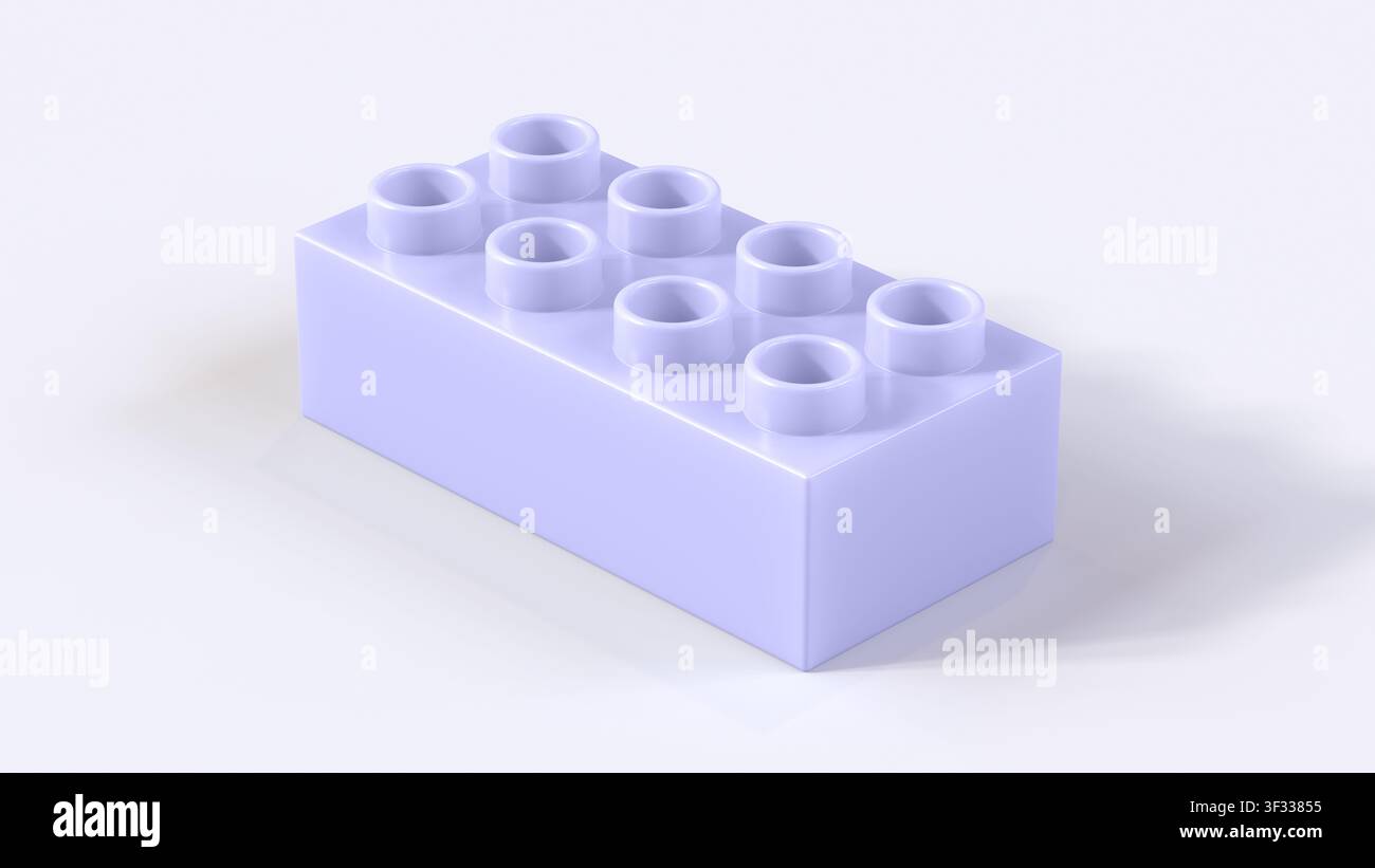 Blocco di costruzione in plastica pervinca su sfondo bianco. Modello minimo di mattoncino giocattolo per costruzione, creatività, educazione e concetto di design. Foto Stock