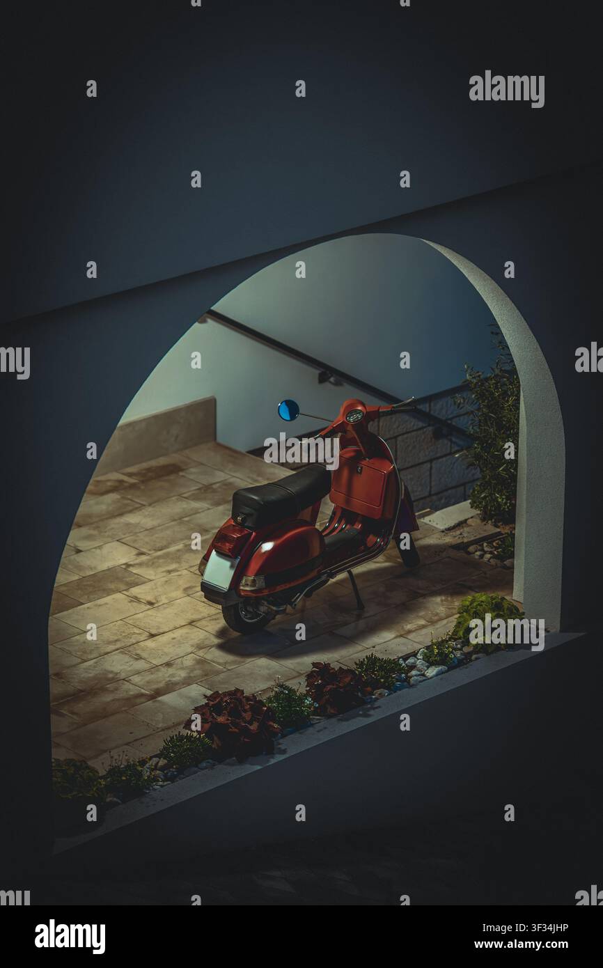 Scatto verticale di uno scooter rosso vintage parcheggiato sotto un'arco illuminato di notte Foto Stock