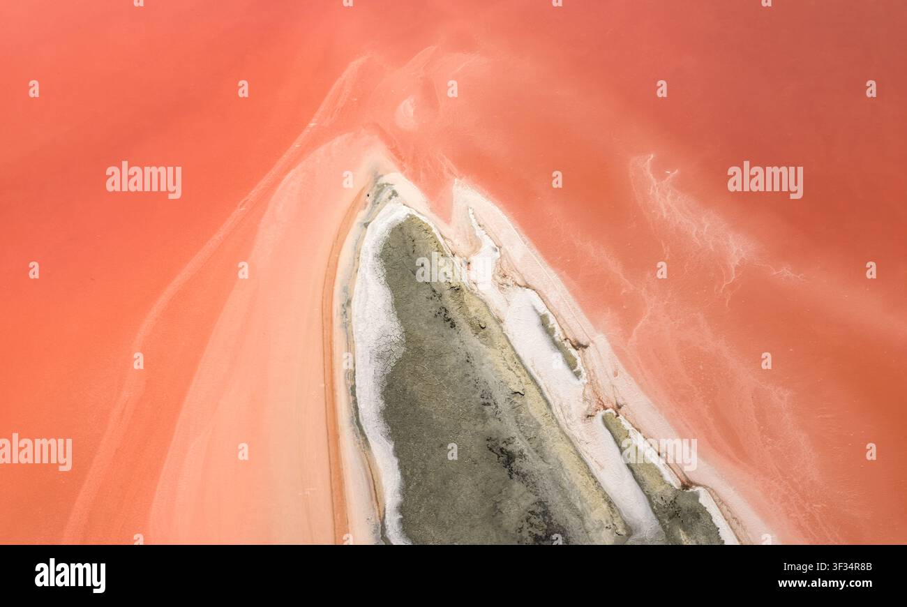 Vista aerea di acqua salata rosa corallo che circonda un'isola minerale con delicate texture di sale bianco e motivi fluenti organici in Francia. Foto Stock