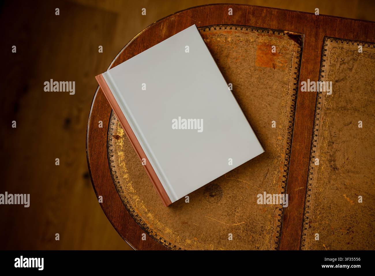 Libro con copertina bianca neutra vuota appoggiato su un tavolino antico in legno. Sfondo sfocato, luce naturale. Modello per titolo, grafica, logo o personalizzazione Foto Stock