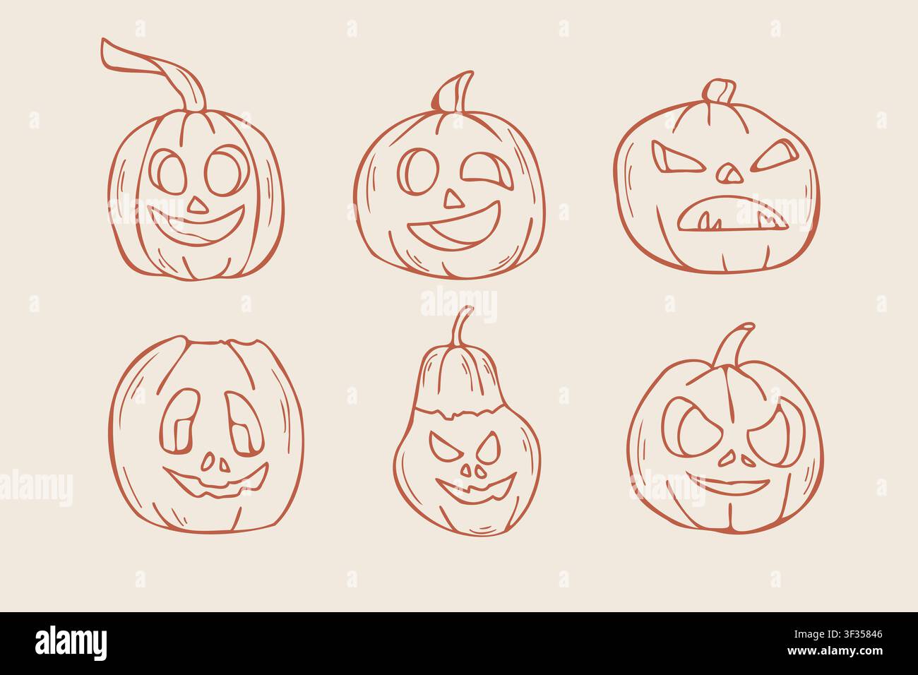 Collezione di arte lineare di facce di zucche intagliate per Halloween carine e spaventose Illustrazione Vettoriale
