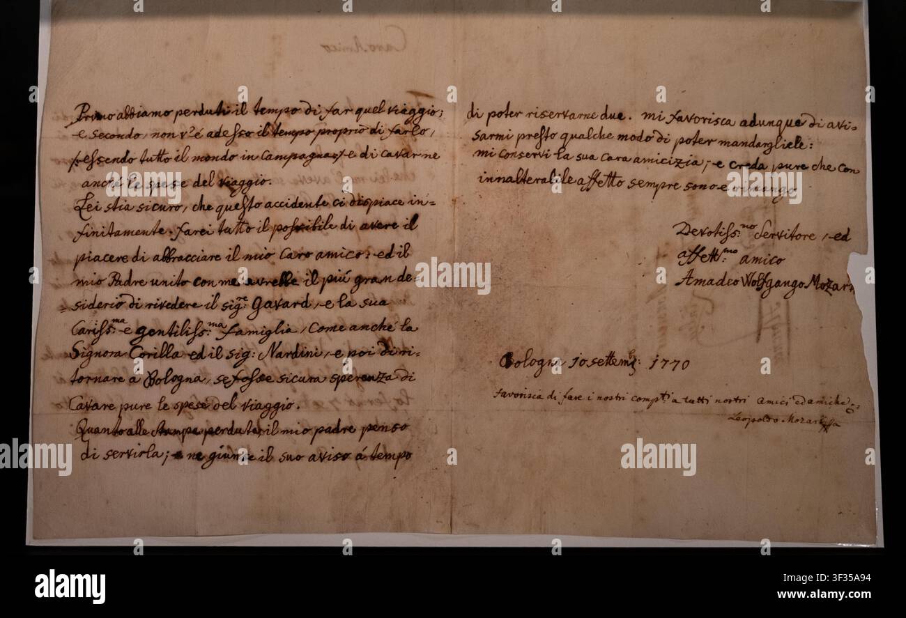 Lettera a Thomas Linley Jr. a Firenze da Wolfgang Amadeus Mozart del 10 settembre 1770 Foto Stock