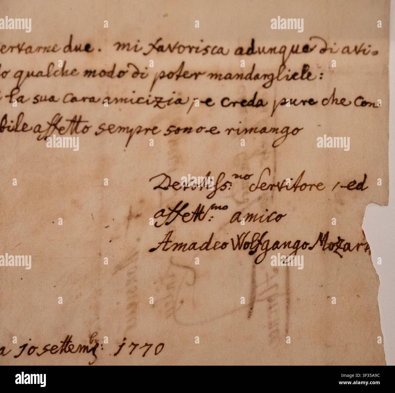 Firma di Wolfgang Amadeus Mozart su una lettera a un amico datata 10 settembre 1770 Foto Stock