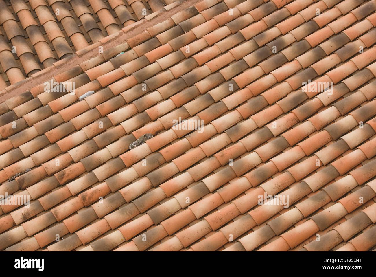 Vista ad angolo alto dello sfondo di tegole di terracotta ripetute in tonalità calde di arancione e marrone che formano un motivo. Foto Stock