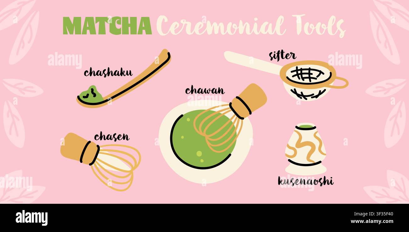Strumenti per la cerimonia del tè verde matcha, infografiche vettoriali per il design del menu del caffè Illustrazione Vettoriale