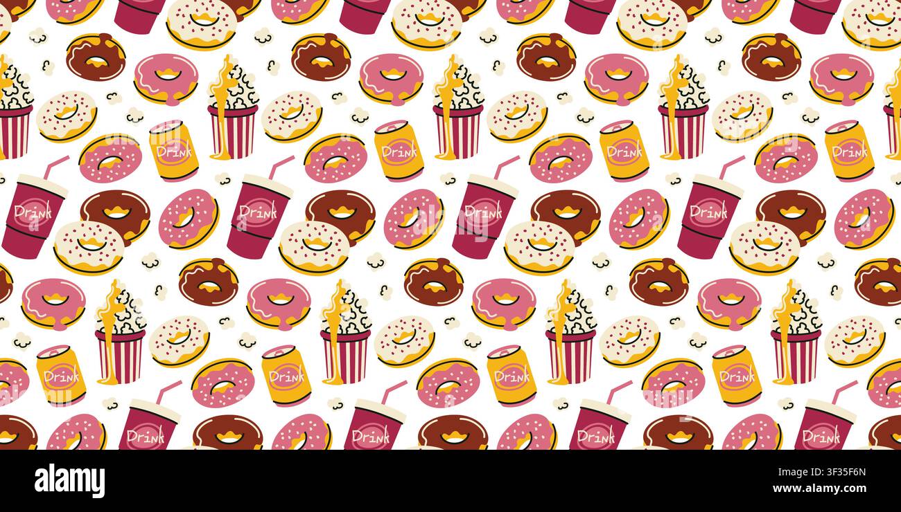 Dolci ciambelle e soda motivo senza cuciture disegnato a mano vettoriale per stampa tessile Illustrazione Vettoriale