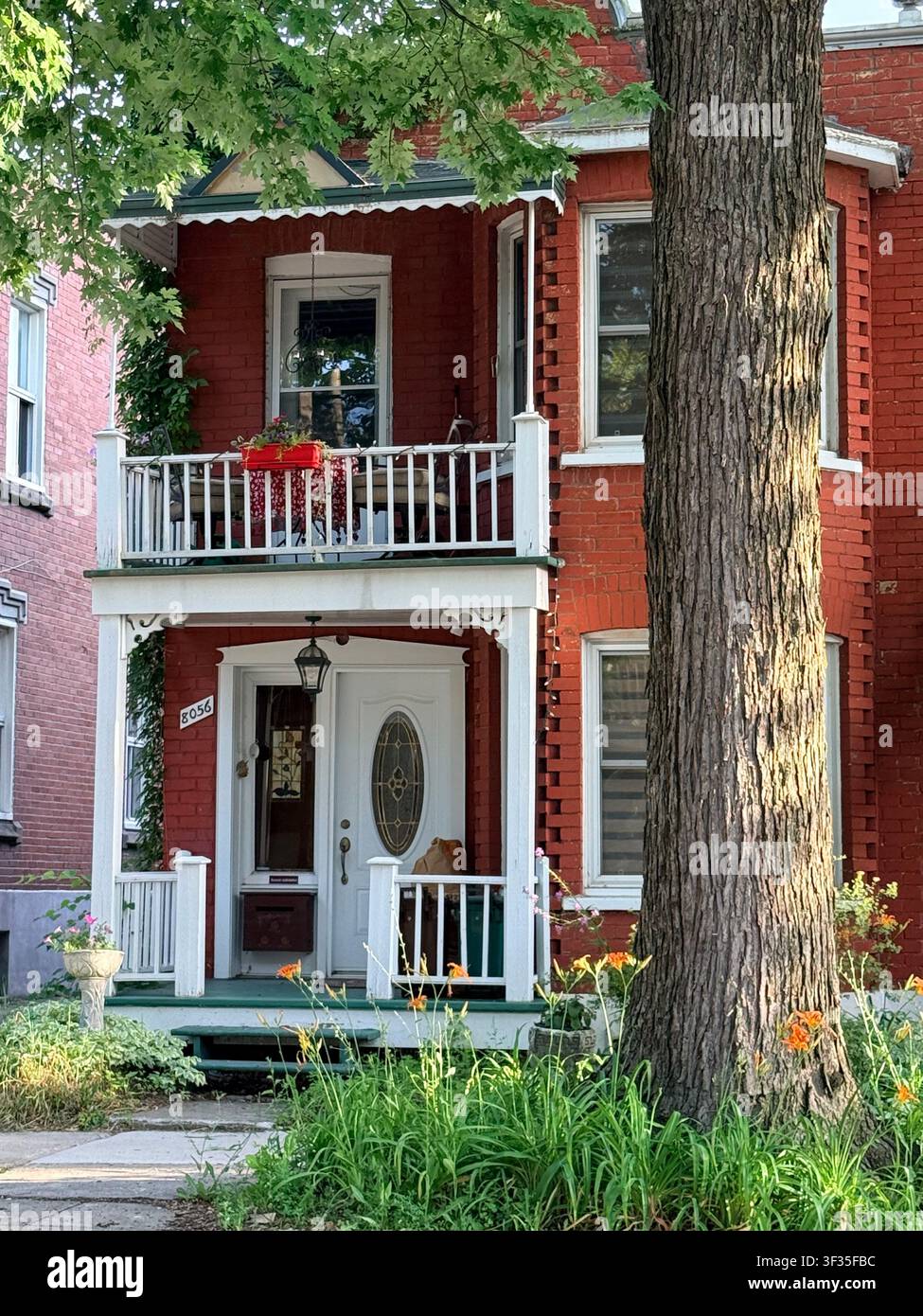 Case residenziali tradizionali in mattoni rossi su una strada alberata a Villeray, Montréal, Québec, Canada. Foto Stock