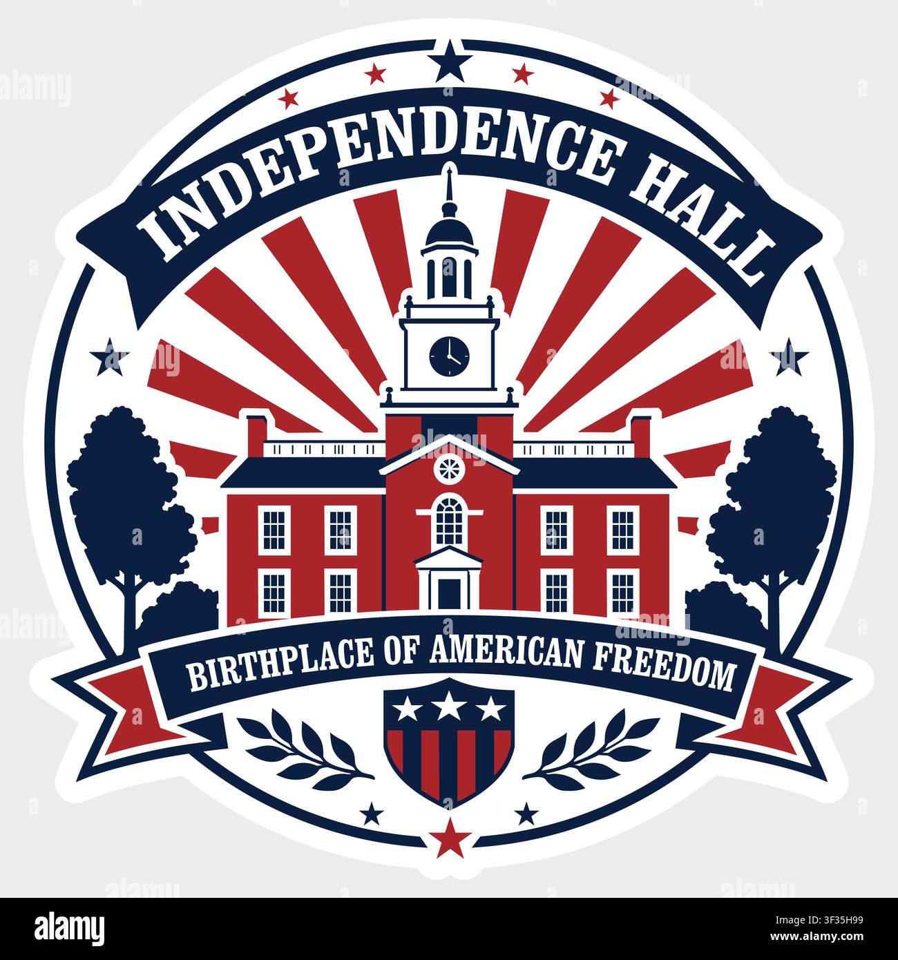 Adesivo architettonico vettoriale che illustra l'edificio storico di Independence Hall con bandiere e una corona d'alloro. Illustrazione Vettoriale