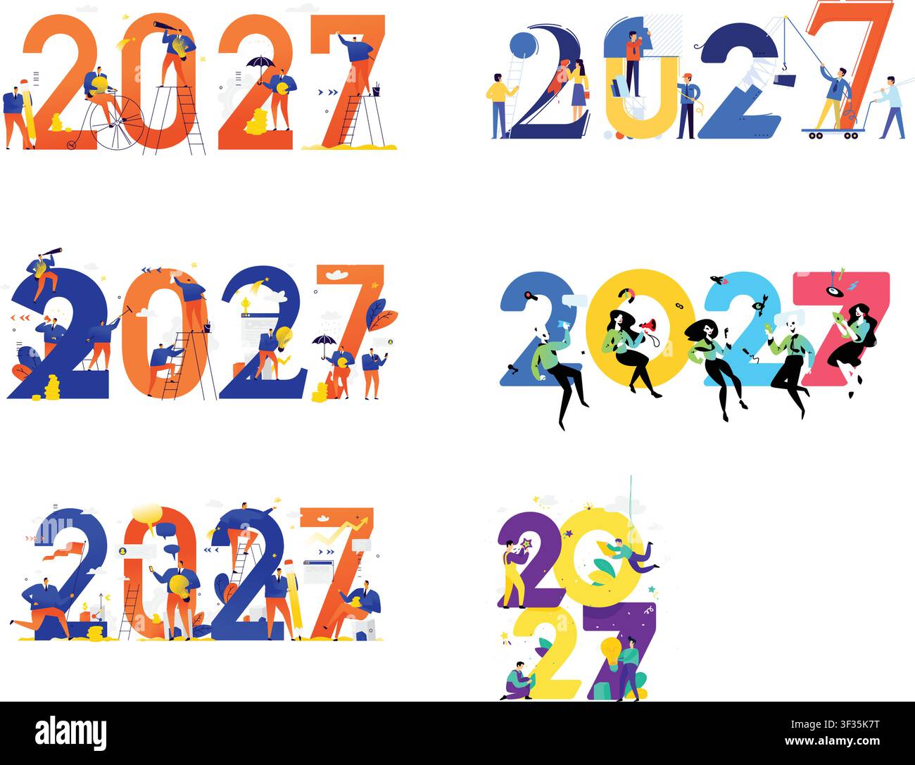 Nuovo anno 2027. Incontro con il nuovo anno. Vettore. Le persone di affari salutano Natale e Capodanno. Nuovi orizzonti. Preparazione per le festività. Metafora aziendale Illustrazione Vettoriale