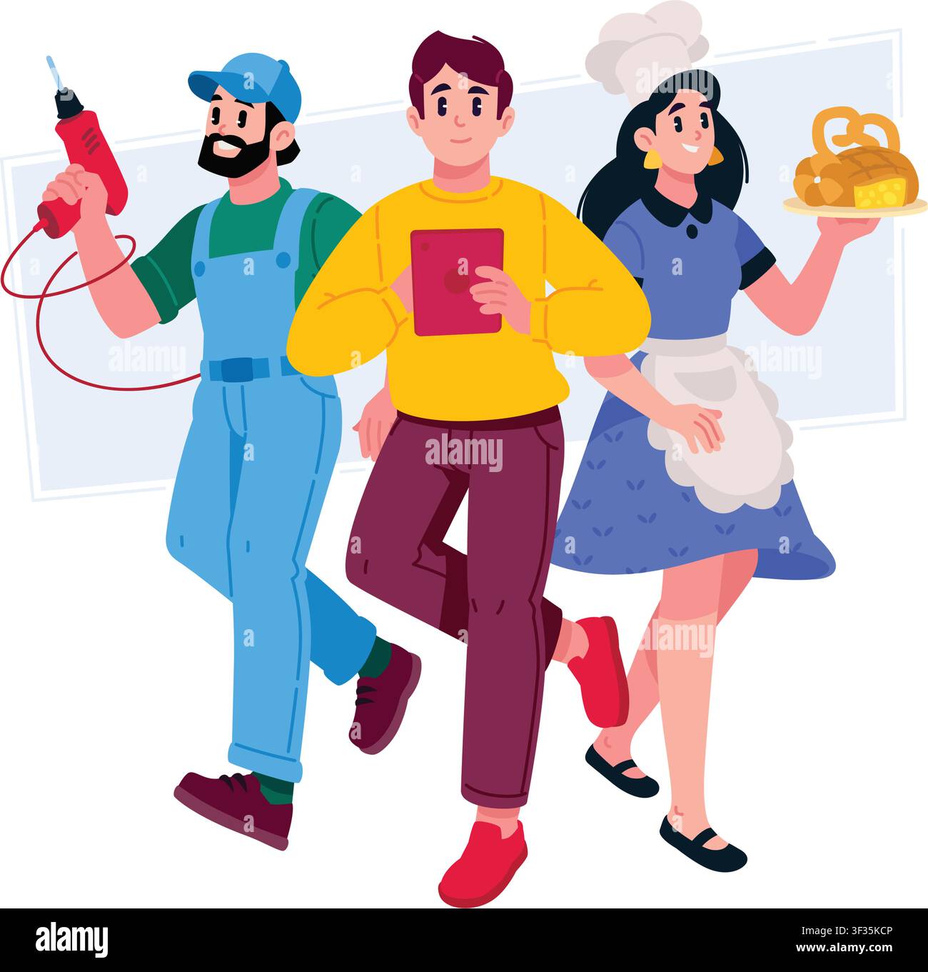 Un gruppo di professionisti diversi in piedi insieme: un operaio edile con un trapano, un manager con un libro e una chef che tiene del pane fresco. C Illustrazione Vettoriale