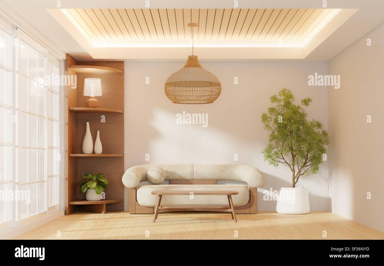 Rendering 3D di un interno di soggiorno in stile Japandi con divano curvo e lampada a sospensione in rattan Foto Stock