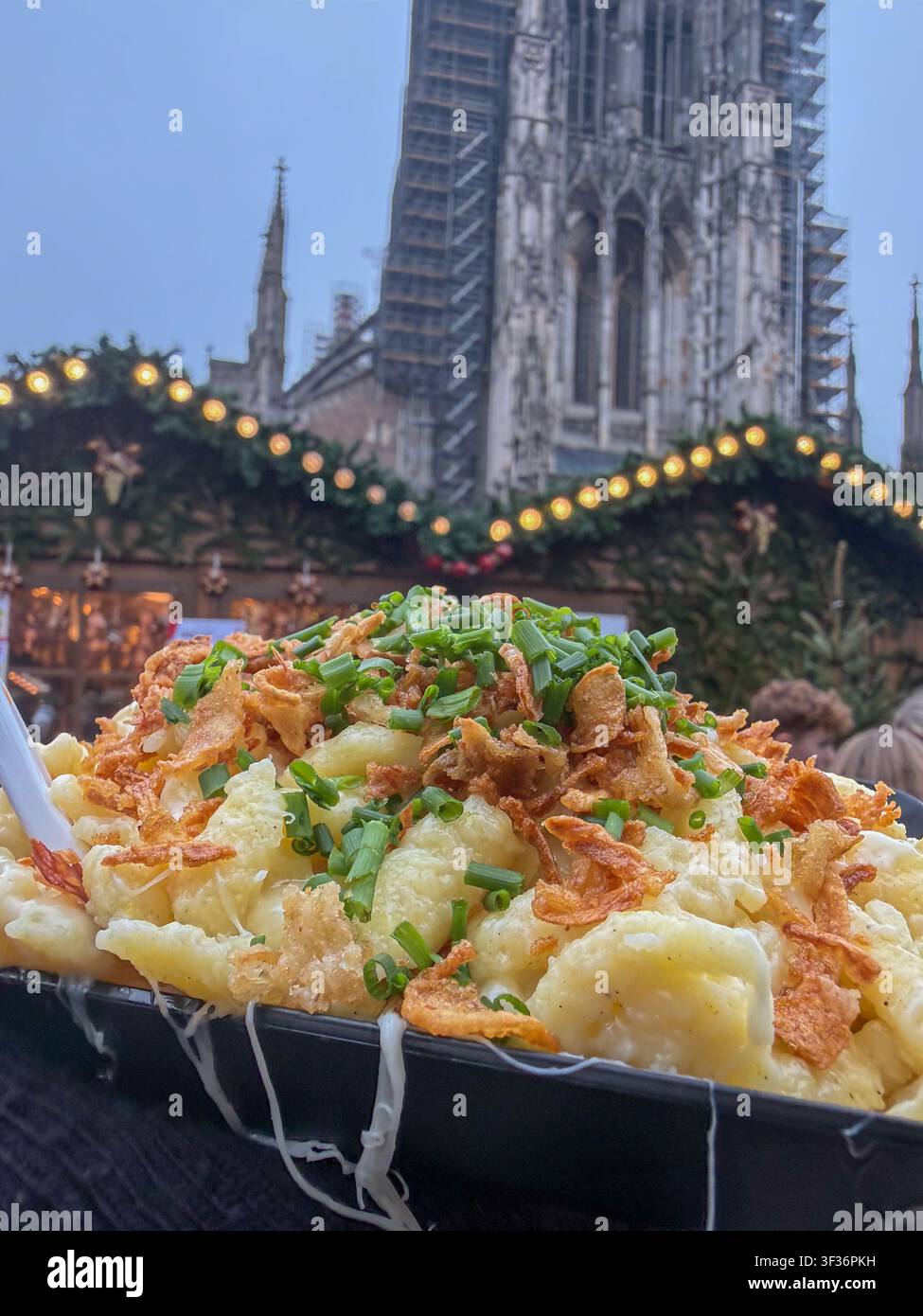 ULM, GERMANIA - 13 DICEMBRE 2025: Primo piano di tradizionali Kässpätzle svevi con cipolle fritte e erba cipollina, serviti al mercato natalizio di Ulma. Foto Stock