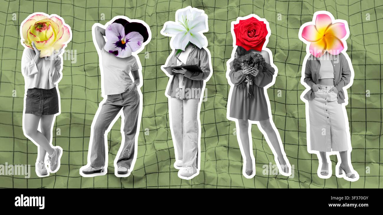 Cinque donne con fiori colorati a forma di testa in piedi su uno sfondo a griglia verde, concetto di individualità e natura, ogni donna mostra un'unica acconciatura floreale Foto Stock