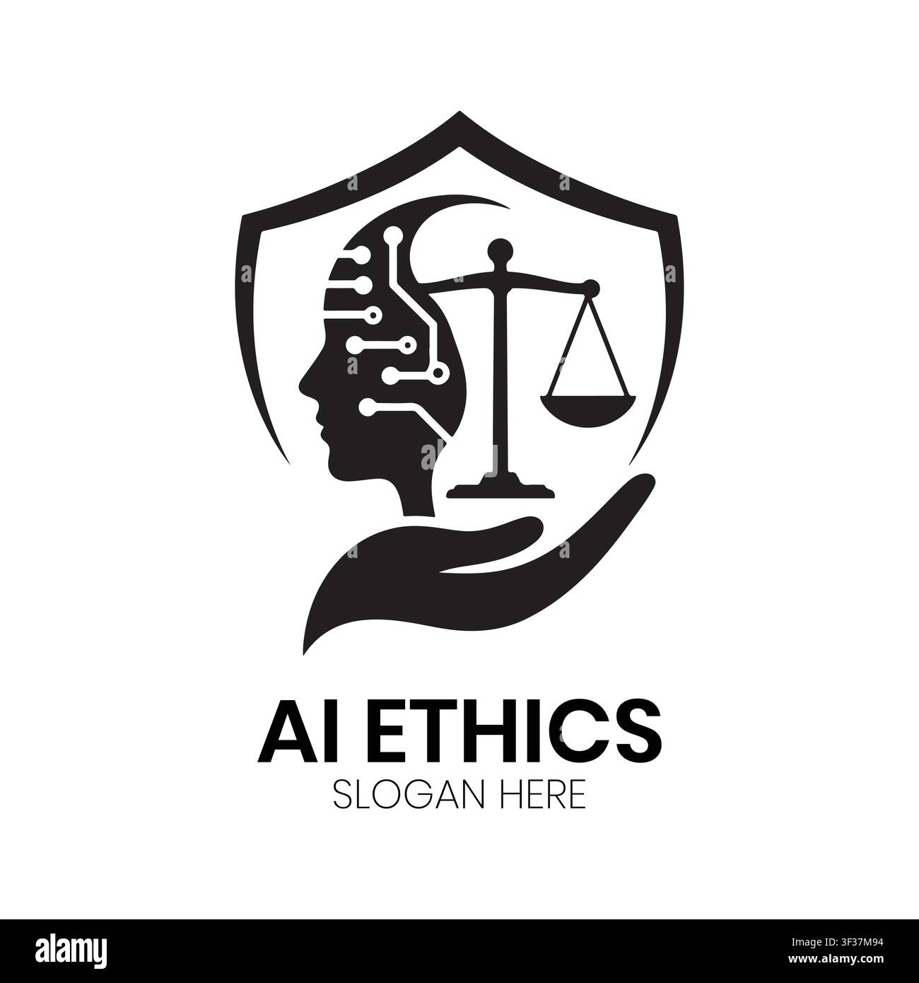 Il logo Etica IA presenta uno scudo di sicurezza con una bilancia digitale integrata e una rete cerebrale per una tecnologia sicura Illustrazione Vettoriale