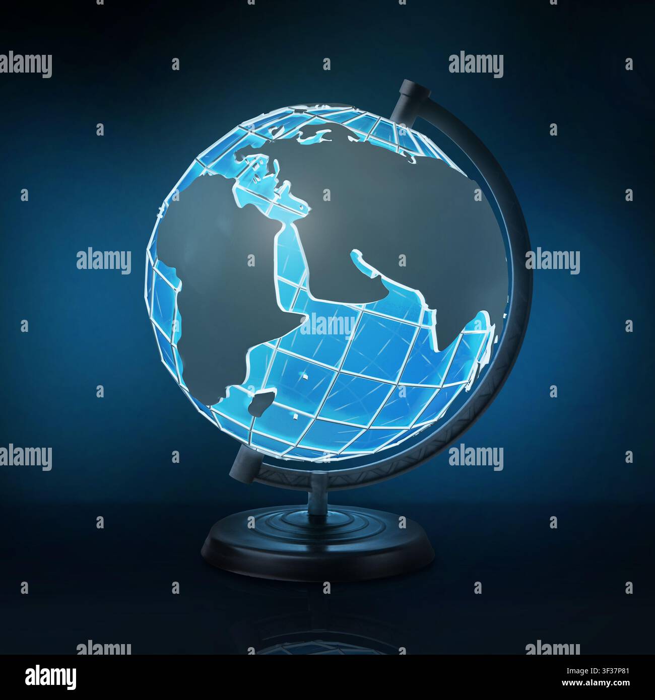 Concetto geografico. Globo luminoso in piedi contro sfondo scuro gradiente, collage Foto Stock