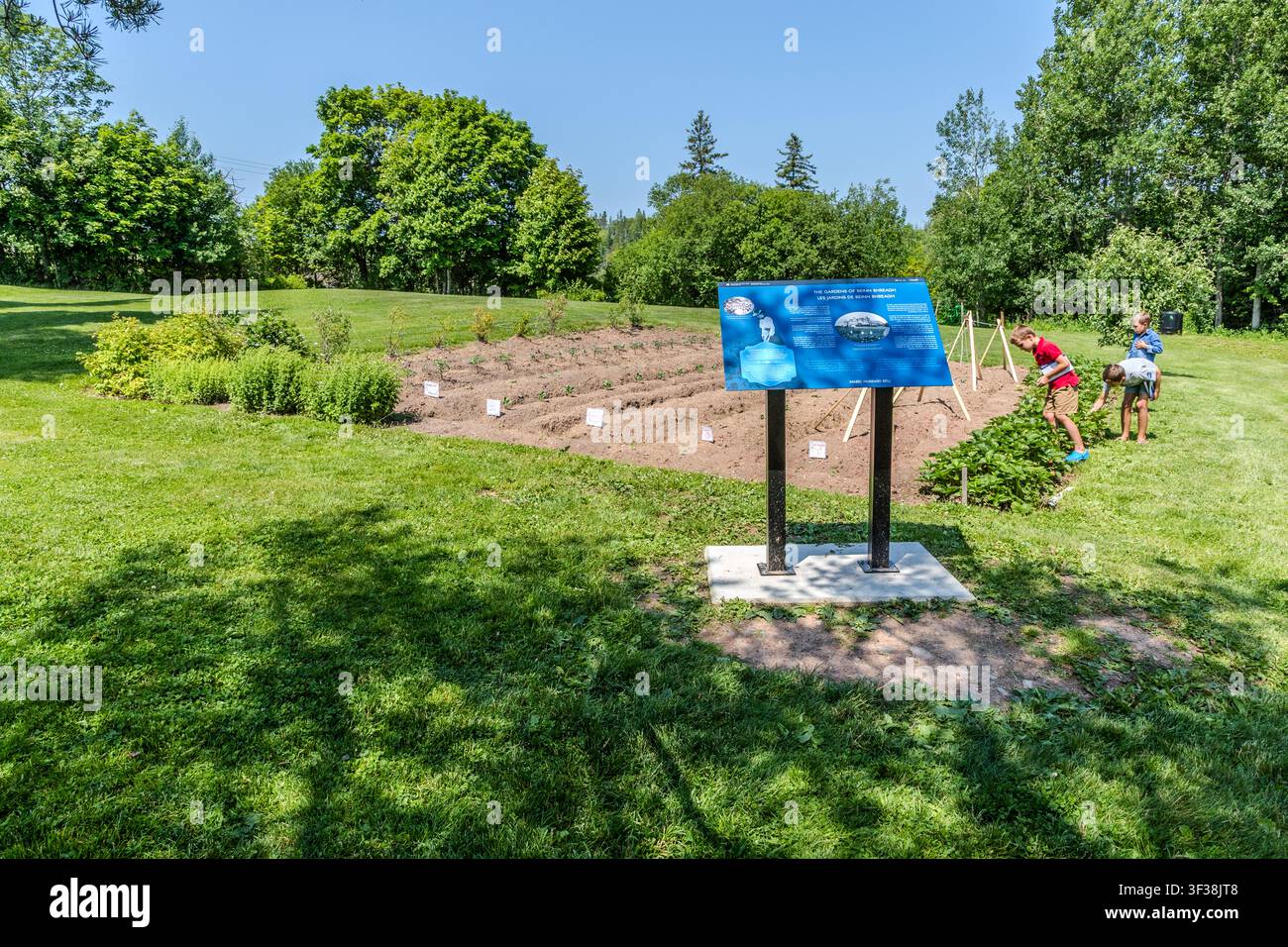 I bambini esplorano un letto di fiori selvatici ed erbe accanto a una tavoletta informativa nel giardino didattico del Sito Storico Nazionale Alexander Graham Bell in Chebucto Street a Baddeck, Nuova Scozia, Canada. Il giardino è stato creato in collaborazione con la ricercatrice di ecosistemi Dr. Alana Pindar e la Fondazione Alexander Graham Bell, e documenta i primi contributi di Mabel Bell al giardinaggio sostenibile nella vicina tenuta di Beinn Bhreagh Foto Stock