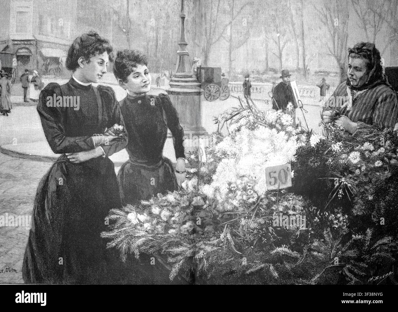 Al mercato dei fiori a Parigi intorno al 1880. Due clienti osservano l'offerta della venditrice di fiori, Francia, illustrazione, riproduzione di una Vo Foto Stock