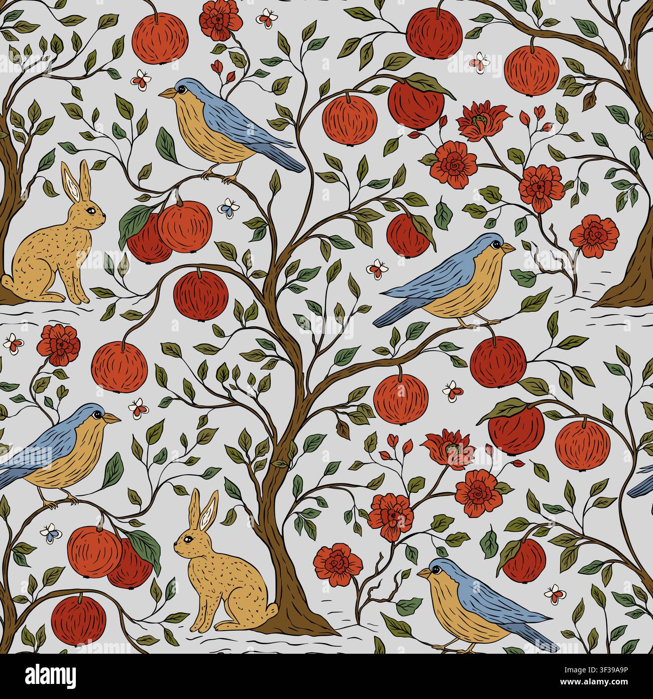 Stravagante bohémien Boho Garden Seamless Pattern con coniglio uccello Apple Fruit Tree Fiore in fiore e viti decorative Illustrazione Vettoriale