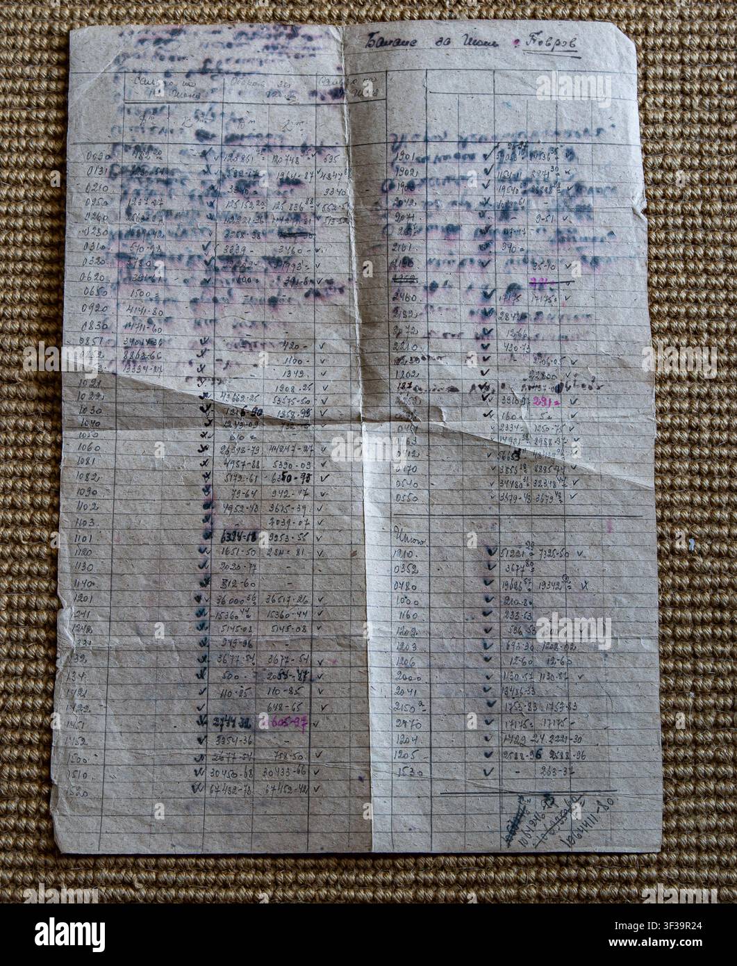 Documento manoscritto decaduto di rendiconti finanziari del secolo scorso, carta d'archivio sovietica con tabelle, testo manoscritto e molte voci. Foto Stock