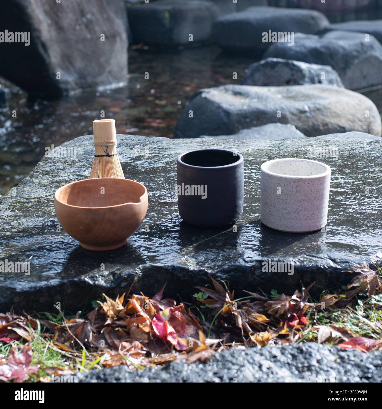 Set da tè Matcha accanto a uno stagno da giardino Foto Stock