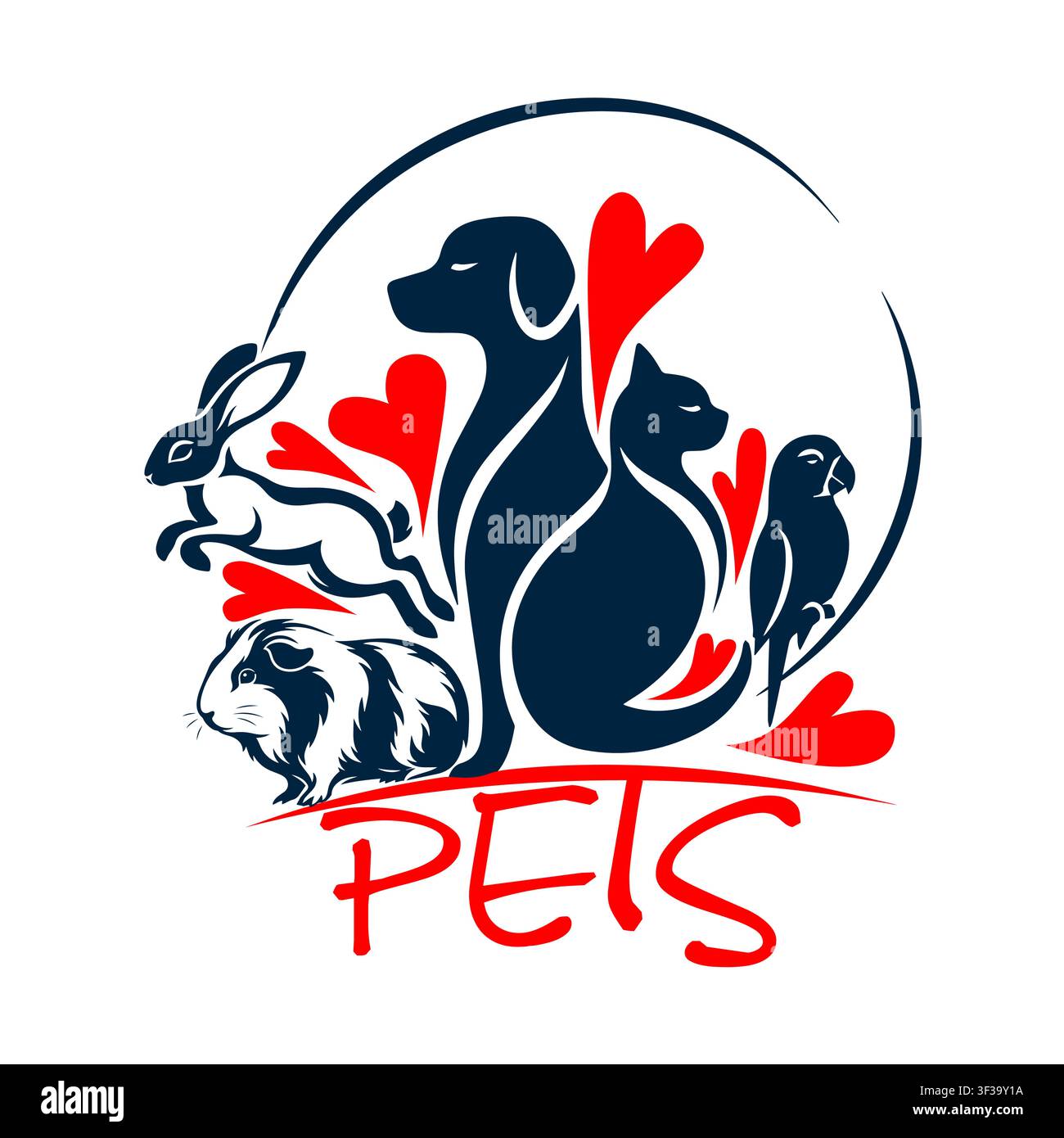 Logo gatto e cane. Logo per animali domestici amati. Farmacia veterinaria o negozio per animali. Disegnato a mano. Non IA, illustrazione vettoriale. Illustrazione Vettoriale